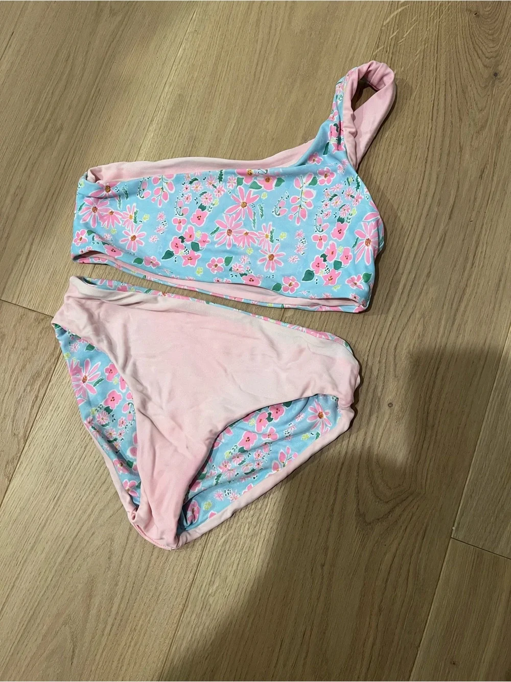 Snapper Rock Girls One-Shoulder Floral Bikini in Pink and Blue